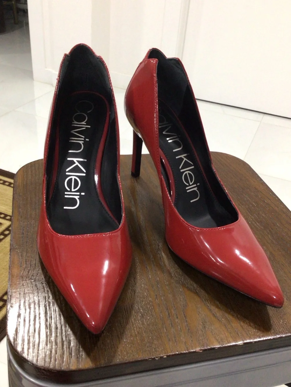 Calvin Klein Red Patent Pointed-Toe Pumps with Stiletto Heel